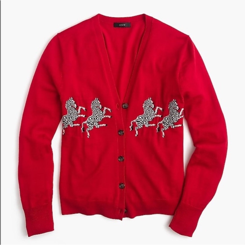 J Crew Red Zebra Merino Wool Cardigan
